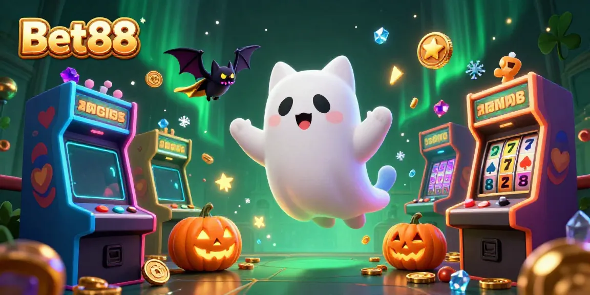 Engage with vibrant casino excitement in Bet88 featuring a ghostly cat, arcade games, and slot elements.