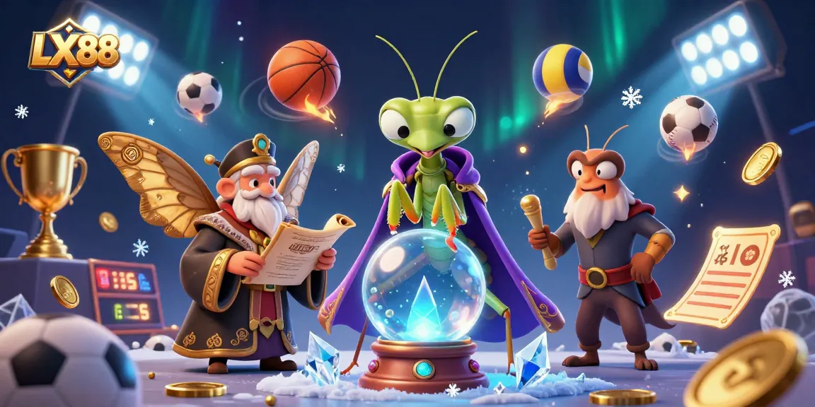 Experience thrilling bets at LX88 as a praying mantis fortune teller guides you through a vibrant casino scene.