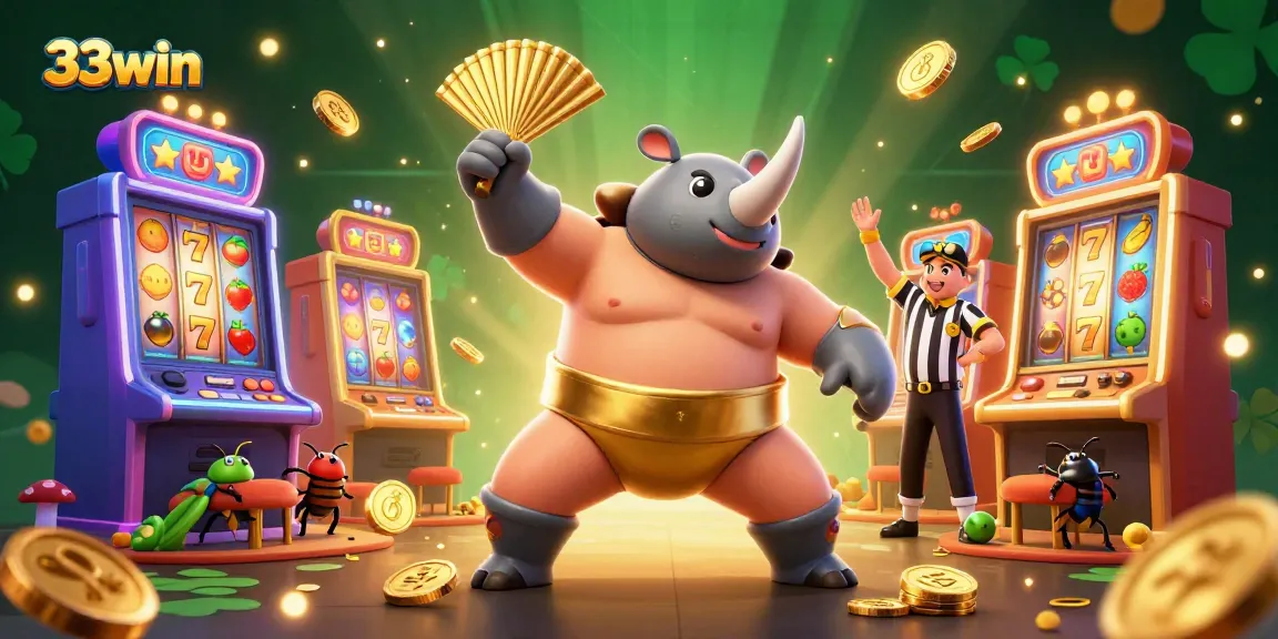 33win’s exciting scene of a sumo champion beetle and casino elements showcases thrilling jackpots.