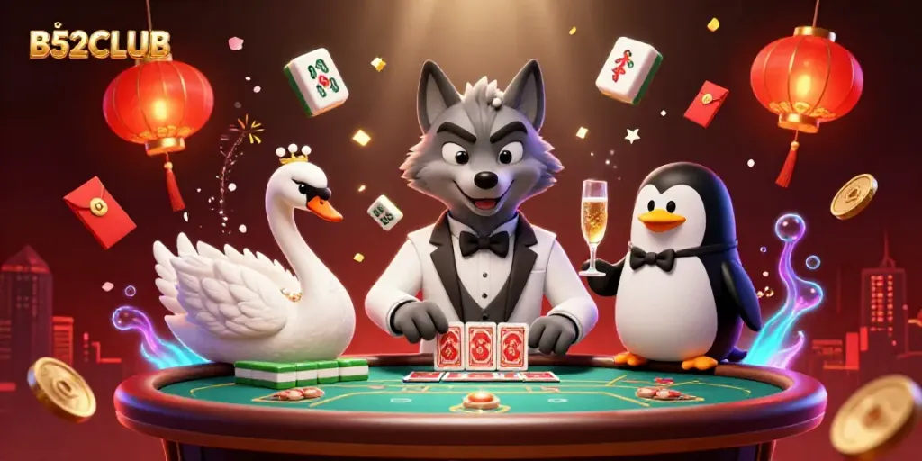 Experience excitement with B52CLUB at a lively baccarat table featuring vibrant card games and playful characters.