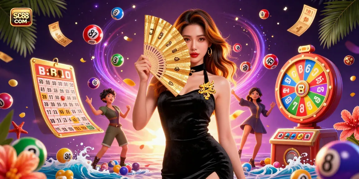 Experience the thrilling atmosphere of SC88 COM with vibrant illustrations of thrilling lottery elements and a captivating character in a casino setting.