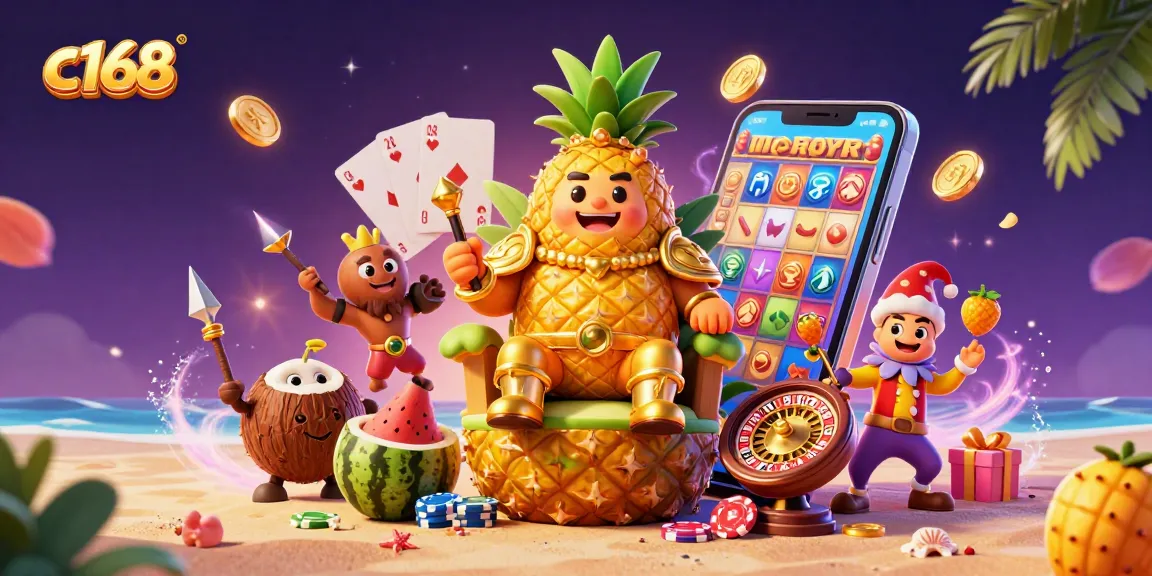C168 slot games come to life with the golden pineapple king and vibrant casino elements, showcasing thrilling gaming action.