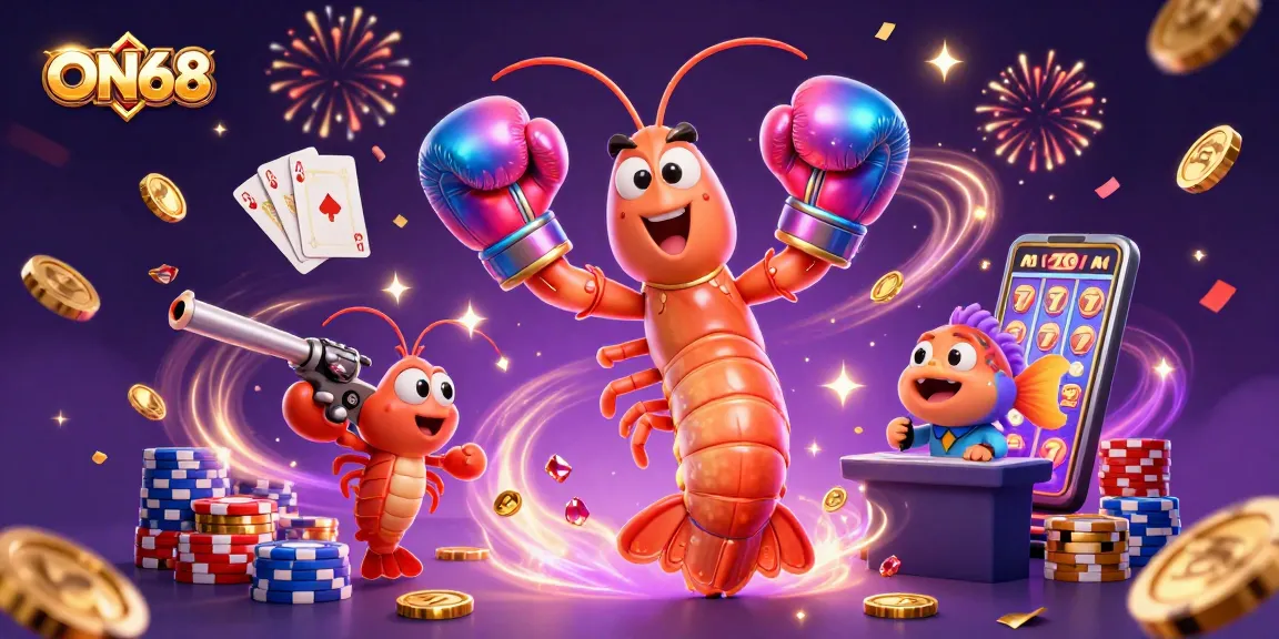 Join the fun at ON68 with vibrant casino elements and animated characters celebrating big wins!
