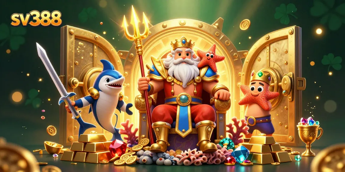 Engage in thrilling sv388 cockfighting with vibrant 3D scene full of gold and jewels.