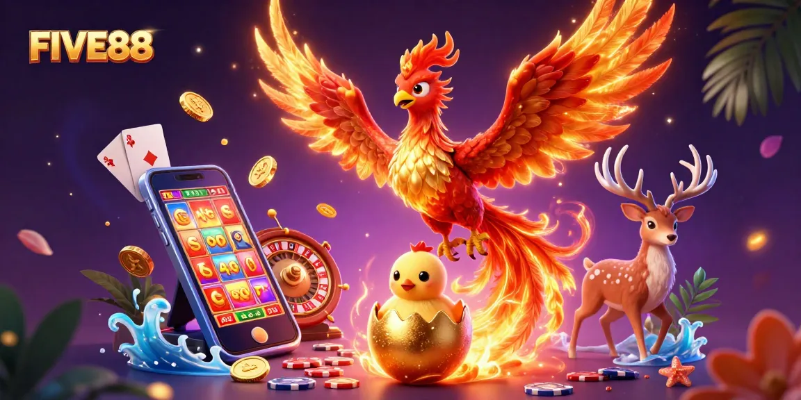 Experience thrilling wins at FIVE88 with a vibrant 3D casino scene filled with games and mythical creatures.