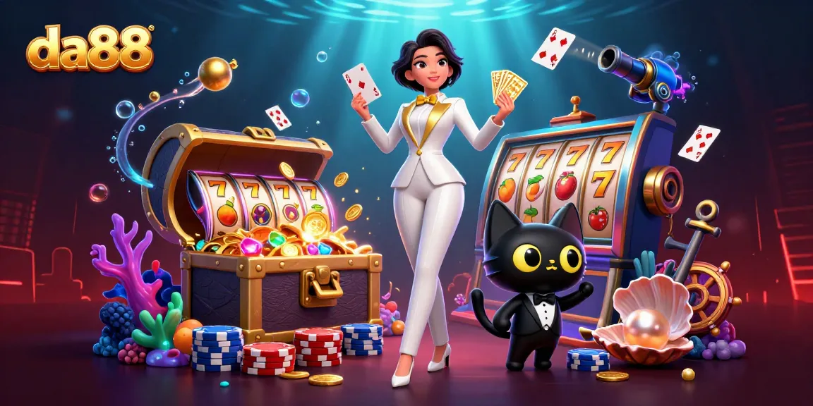 Engage with da88's immersive gaming art showcasing a glamorous dealer and a tuxedo cat in a vibrant casino