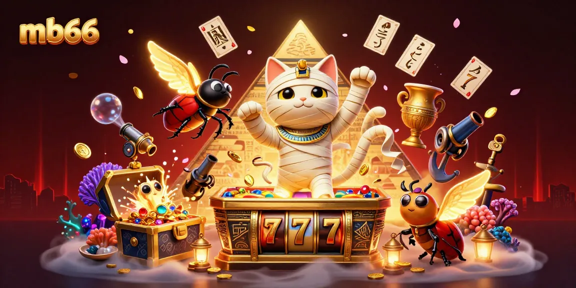 Enhance your gaming experience at mb66 with a vibrant casino scene featuring an Egyptian mummy cat and glowing treasures.