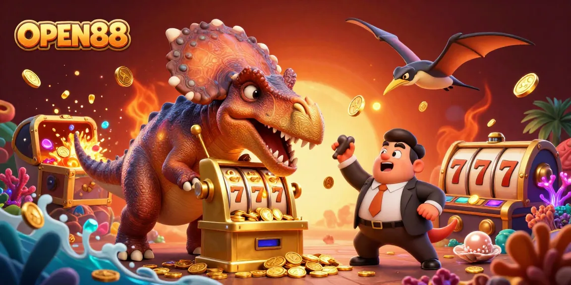 Experience the jackpot excitement with OPEN88 as a dinosaur hits a slot machine in this casino-themed illustration.