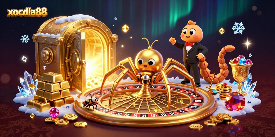 Xocdia88 generates excitement with a roulette-themed web spun by a golden spider, creating a dynamic gambling scene.