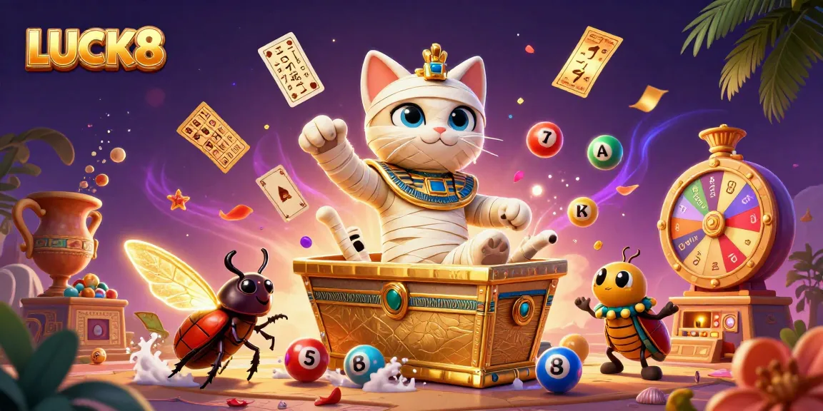 Experience the thrill of LUCK8 with vibrant lottery elements and a captivating pyramid casino scene.