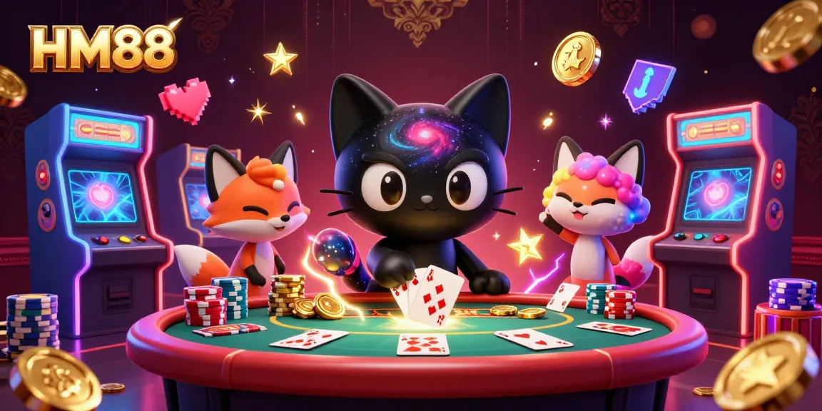 Experience thrilling gameplay with HM88 at a cosmic casino featuring vibrant 3D game elements and characters.