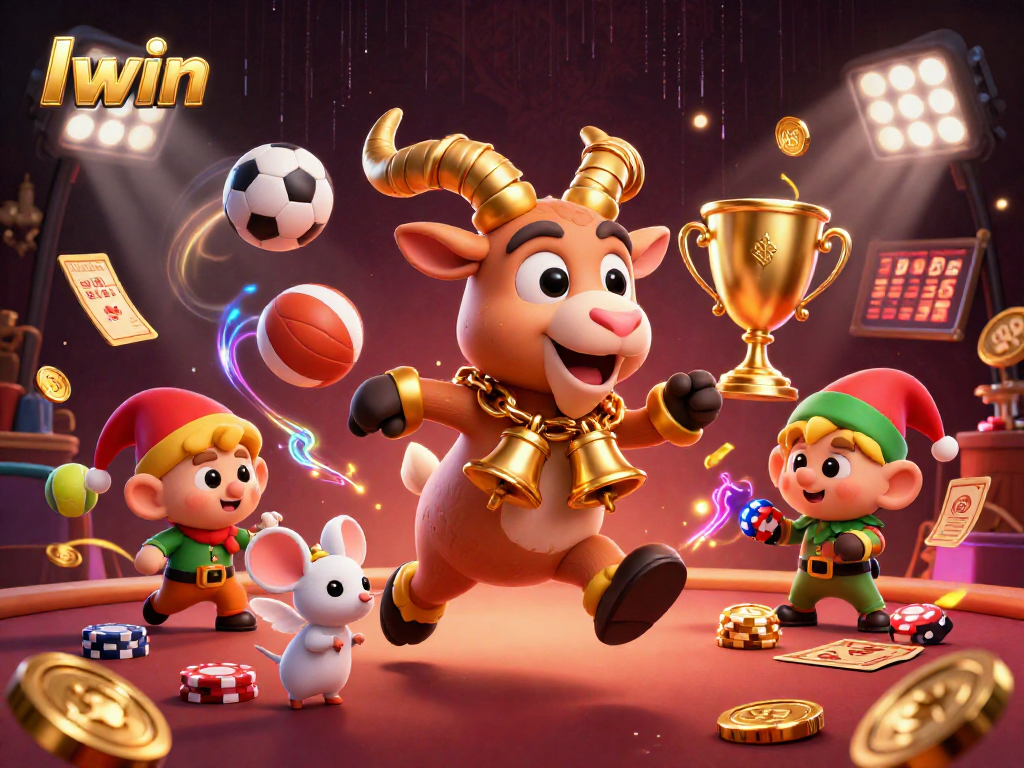Iwin casino action featuring festive Krampus, angel mouse, and mischievous elves with poker chips.