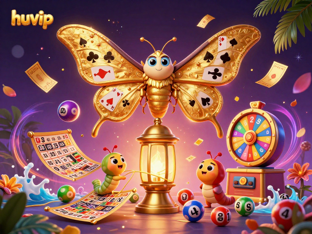 Engage with huvip's vibrant 3D casino scenes featuring a majestic moth and exciting games.
