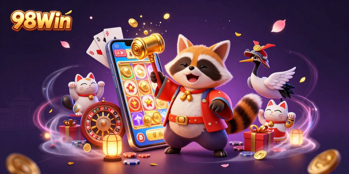Experience the vibrant world of 98Win with cheerful tanuki and lucky charms amidst dynamic casino elements.