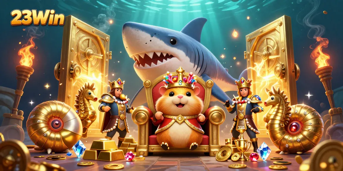 Experience thrilling gaming with the tiny golden hamster king at 23Win, surrounded by riches and treasures.