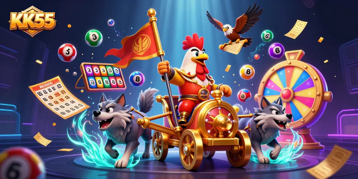 Experience the thrill of gambling with KK55 as vibrant slot reels and colorful lottery balls create an enchanting scene.