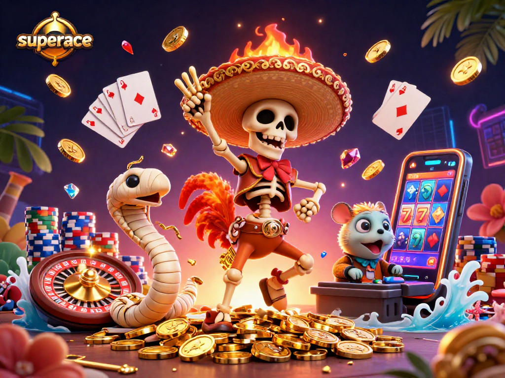 Win big with superace in this lively casino scene featuring animated characters and golden elements.