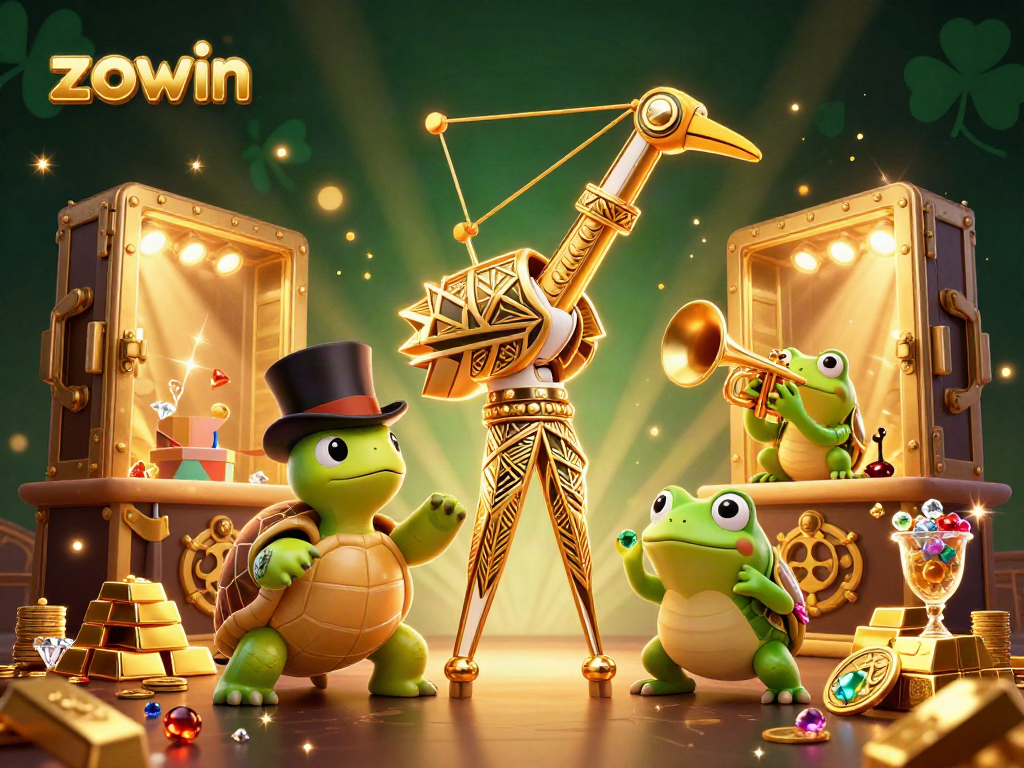Zowin casino scene showcasing vibrant characters and golden treasures in a lively gaming environment.