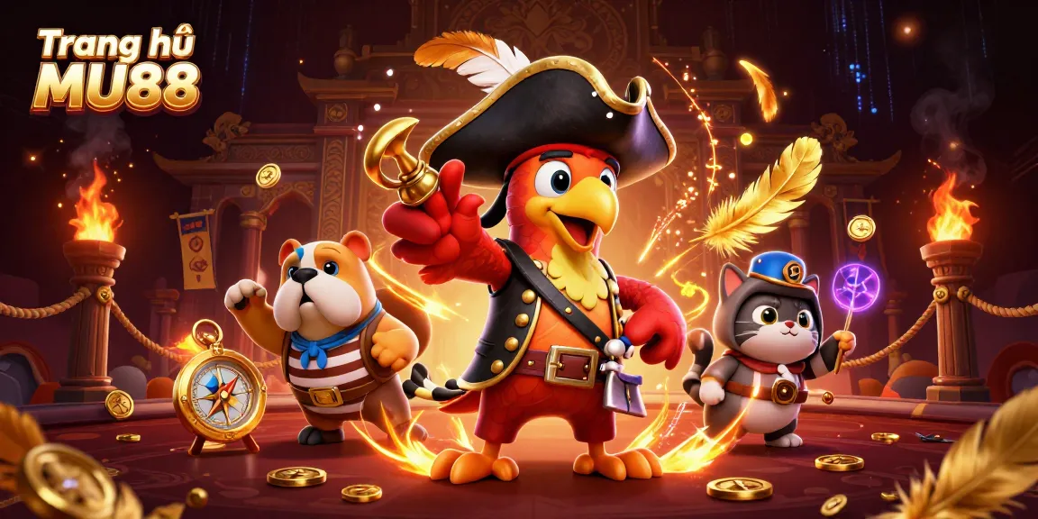 Engage with the vibrant world of Trang chủ MU88, featuring a lively pirate-themed illustration with dynamic characters and rich casino elements.