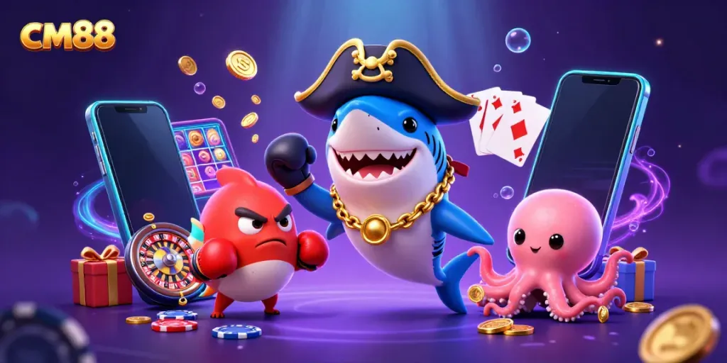 Experience thrilling gaming action with cm88's vibrant 3D pirate scene, showcasing exciting slots and bonuses.
