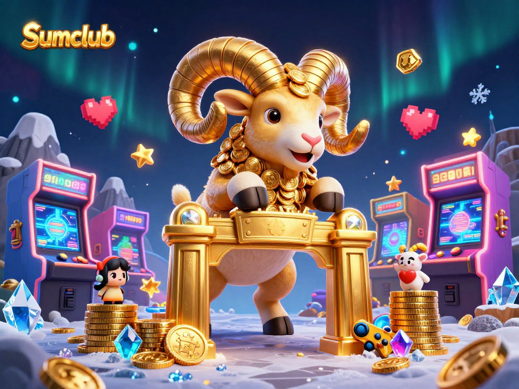 Engage in dynamic gaming at Sumclub with a gold ram amidst exciting 3D arcade elements.