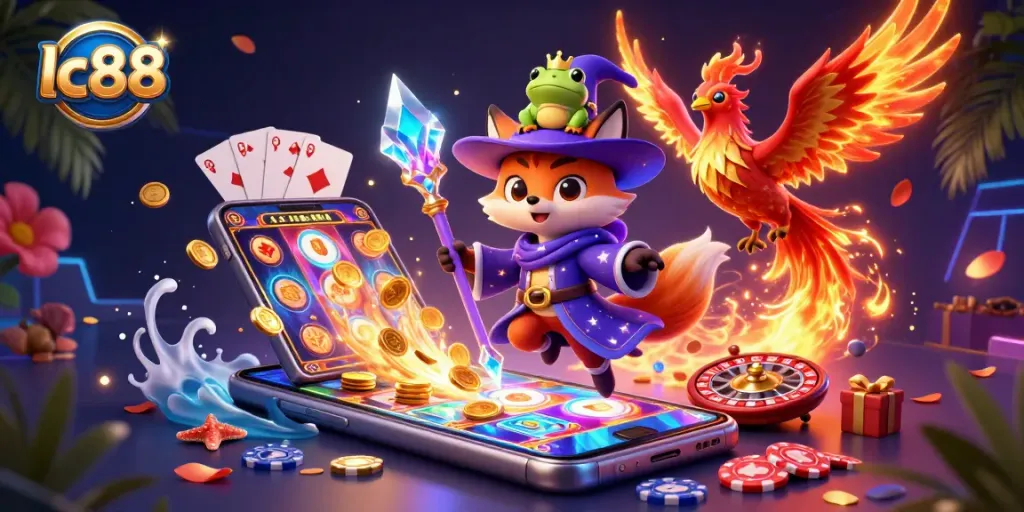 Engaging lc88 slot game illustration with a wizard fox and phoenix, perfect for casino promotions.
