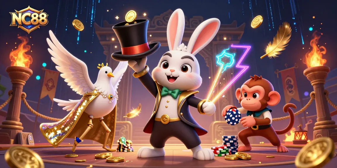 Experience thrilling wins at NC88 with a magician rabbit, dove, and monkey among casino treasures.