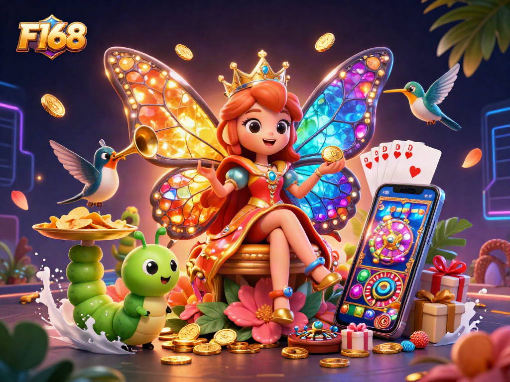 Experience thrilling F168 gaming with vibrant 3D characters and dynamic casino elements.