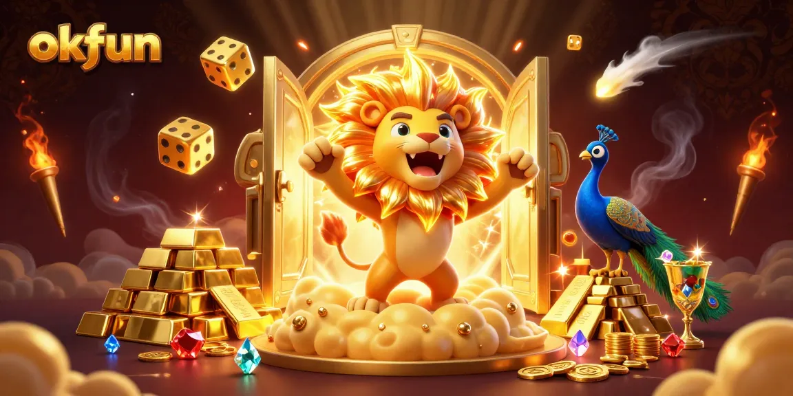 Engage with the vibrant okfun casino scene featuring a roaring lion, golden dice, and jewels.