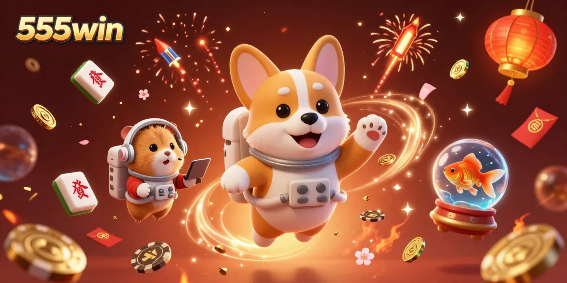 Engage with the vibrant world of 555win while a corgi astronaut floats through a space casino.
