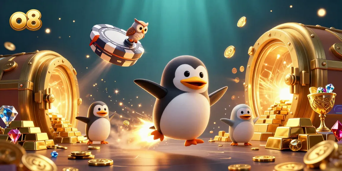 Spin reels with o8's exciting golden penguin in a vibrant casino adventure illustration.