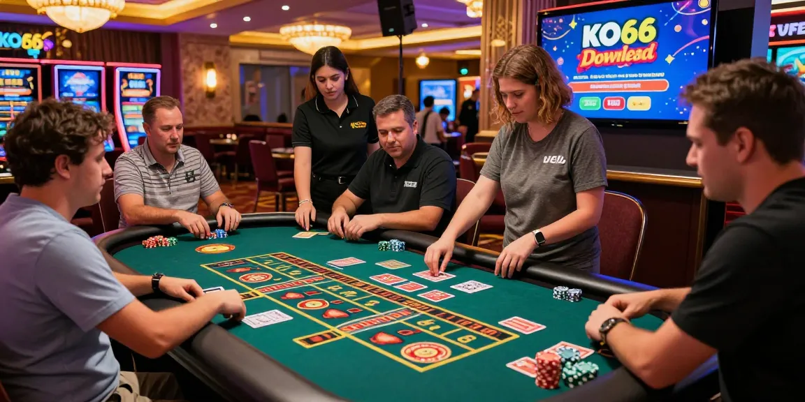Engaging KO66 casino scene showcasing players around a roulette table with vibrant lights.