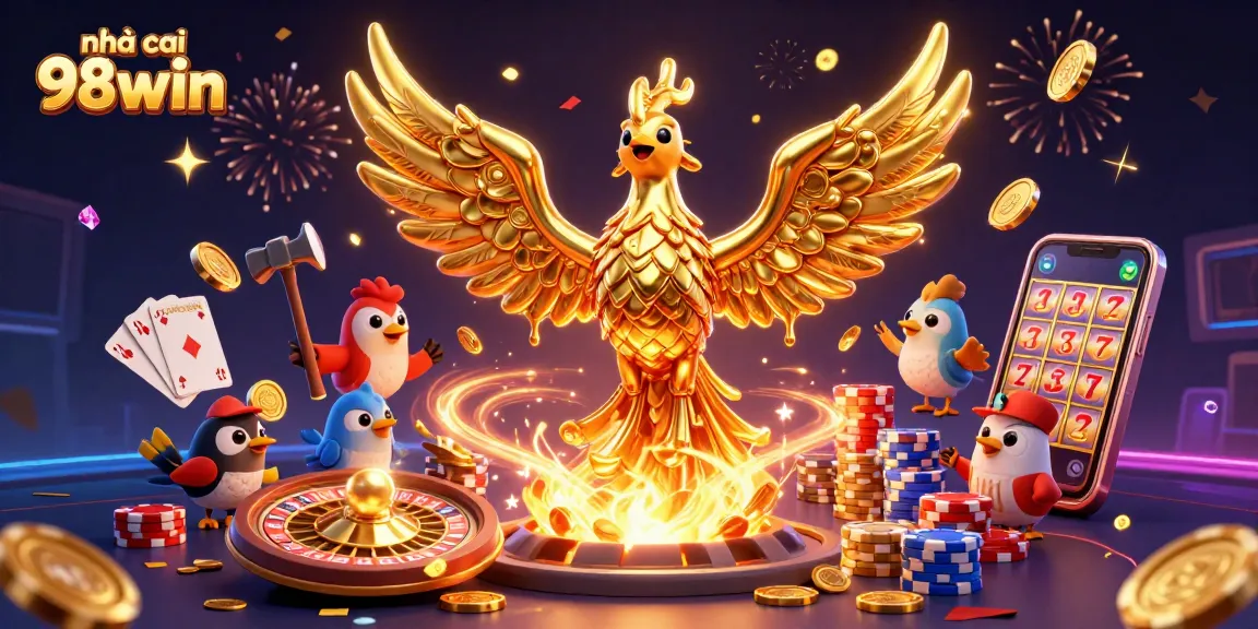 Experience the thrilling action at nhà cái 98win with golden coins, roulette, and festive elements.