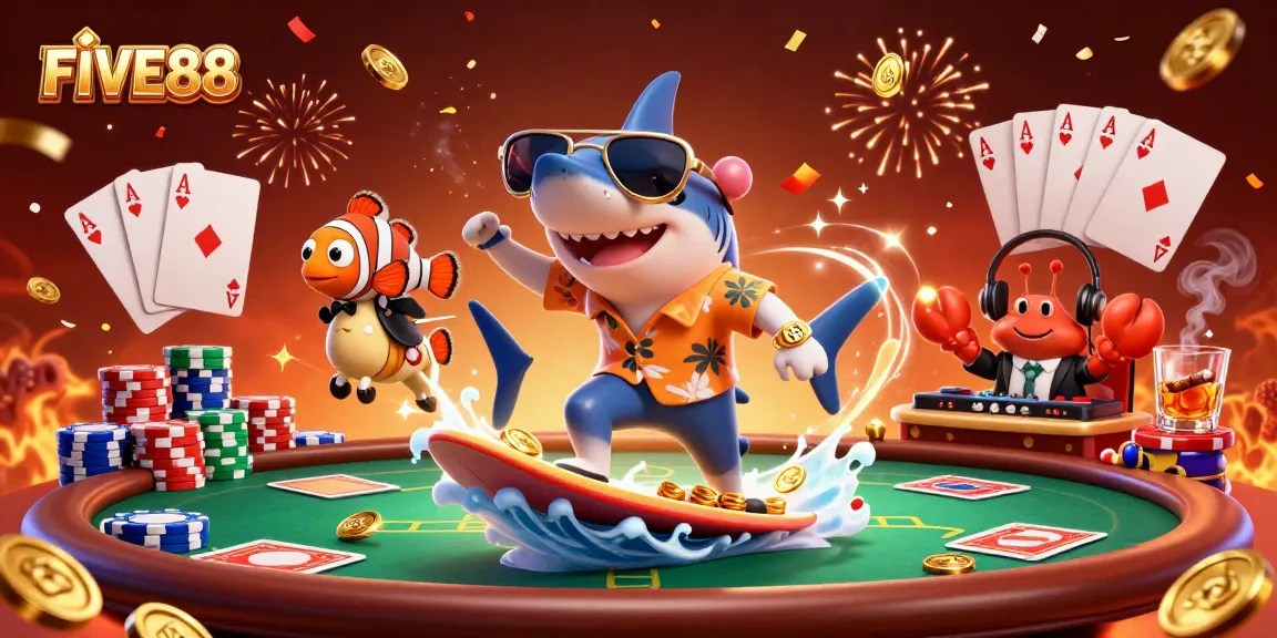 Experience the thrill of FIVE88 gaming with a shark, clownfish, and crab DJ in a vibrant 3D scene.