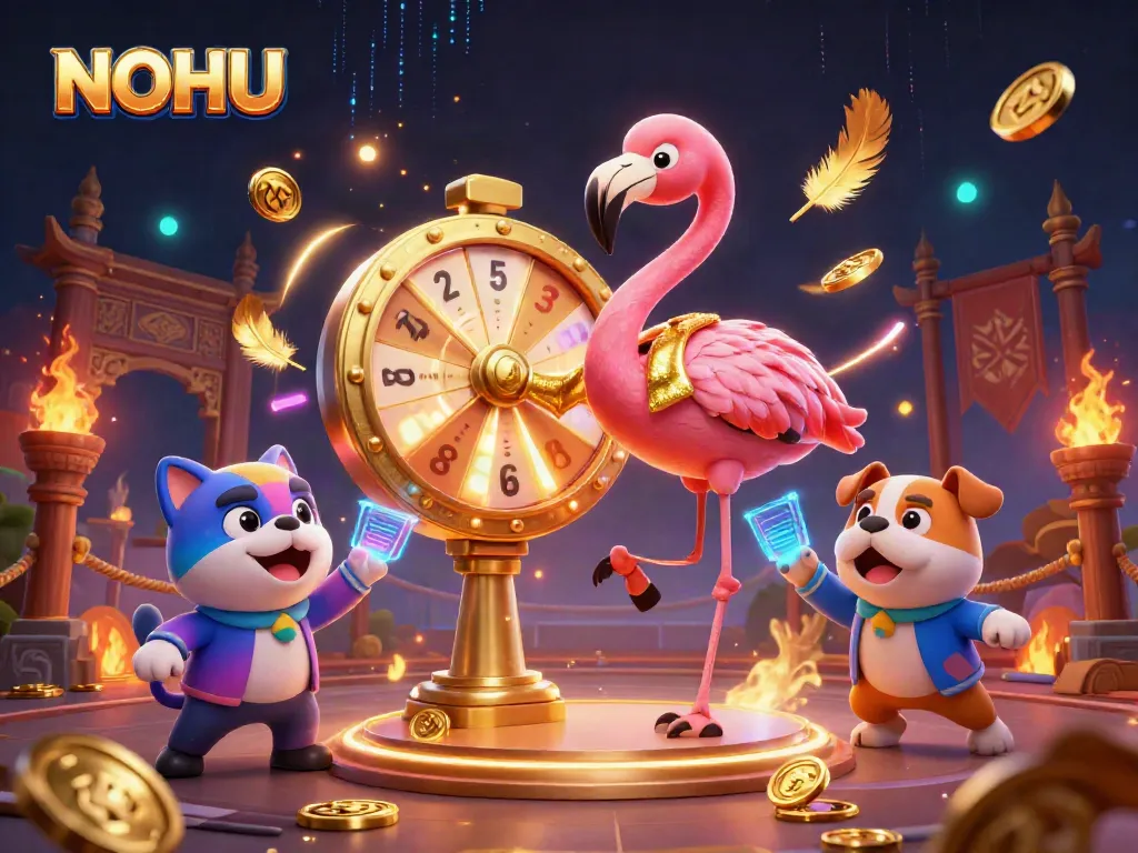 Experience thrilling jackpots with NOHU’s vibrant gaming scene featuring cartoon characters and dynamic elements.