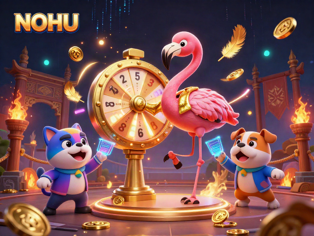 Experience thrilling jackpots with NOHU’s vibrant gaming scene featuring cartoon characters and dynamic elements.