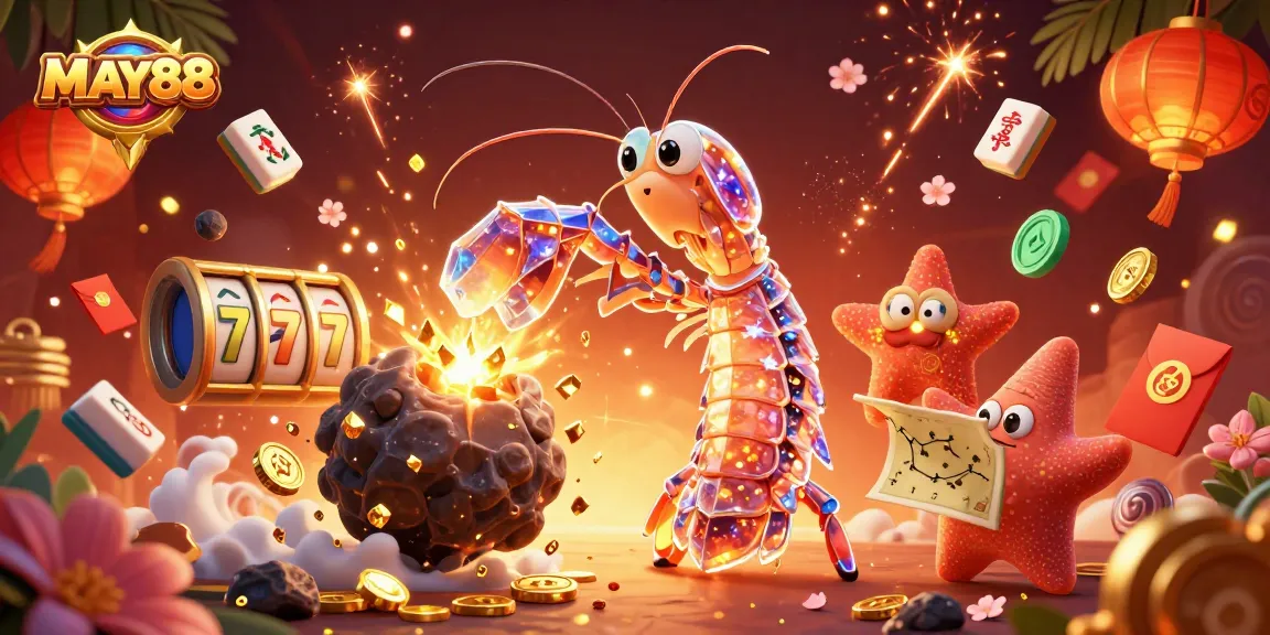 MAY88 showcases a vibrant display of casino excitement with a galactic mantis shrimp and treasures.
