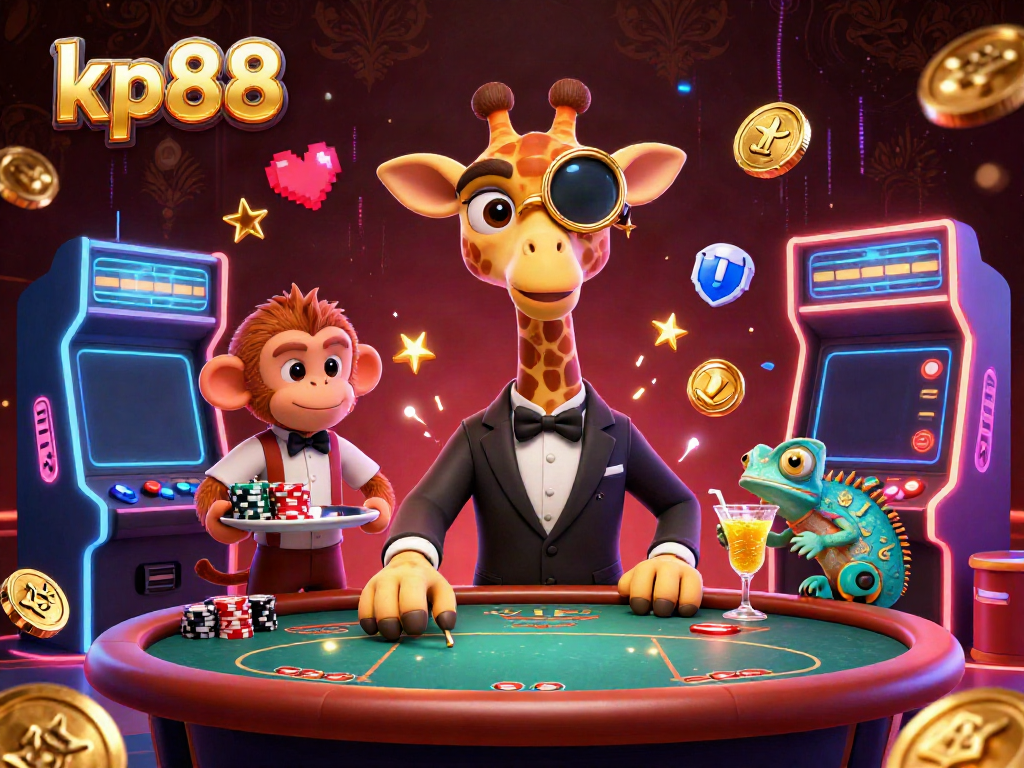 Experience the vibrant world of kp88 with a high-roller giraffe and monkey valet at a dynamic casino scene.