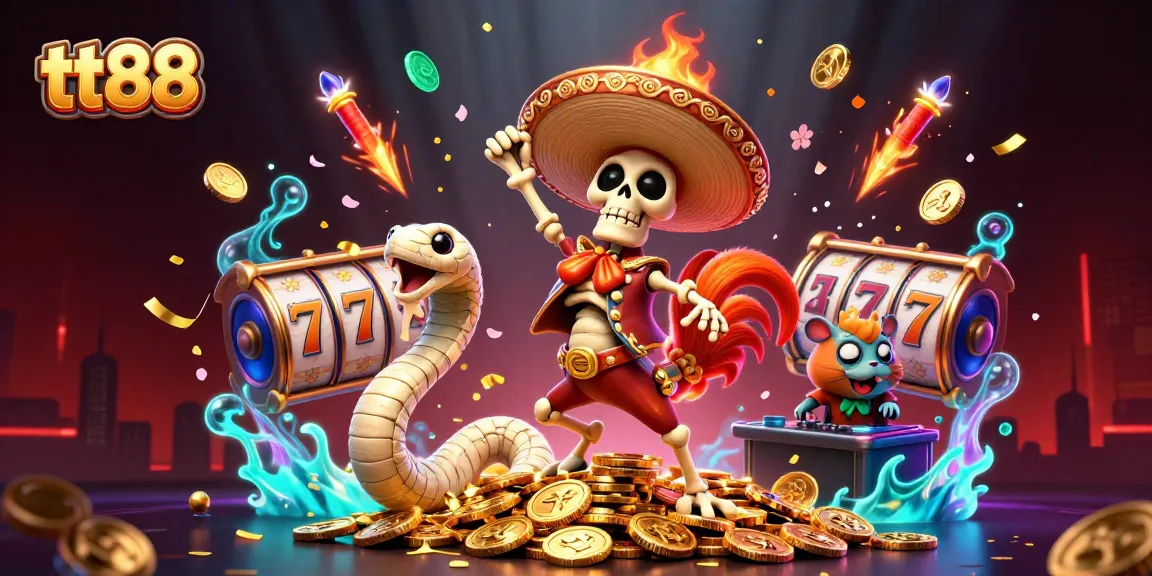 tt88 platform features an exciting victory dance with casino characters and vibrant game elements.