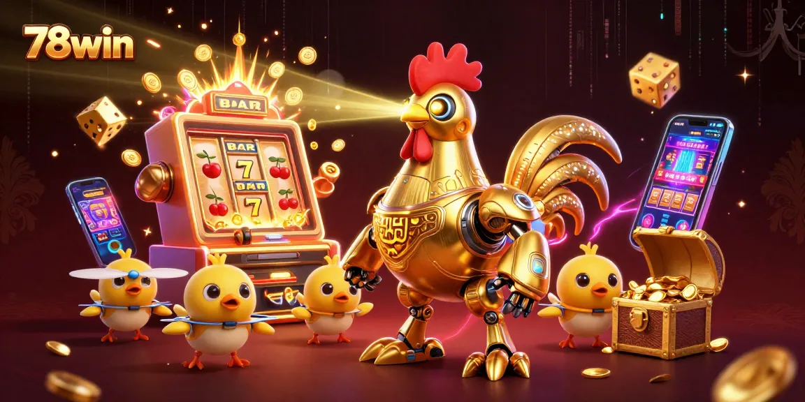Bet big at 78win with this exciting scene featuring a retro-futuristic golden rooster and baby chick drones.