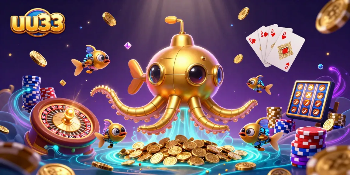 Engage with uu33's vibrant casino-themed illustration featuring a kraken submarine amidst golden riches.