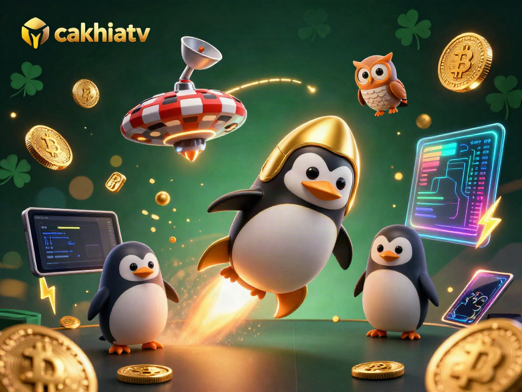 Cakhiatv penguin mascot zooming past a casino chip station, surrounded by vibrant cryptocurrency elements.