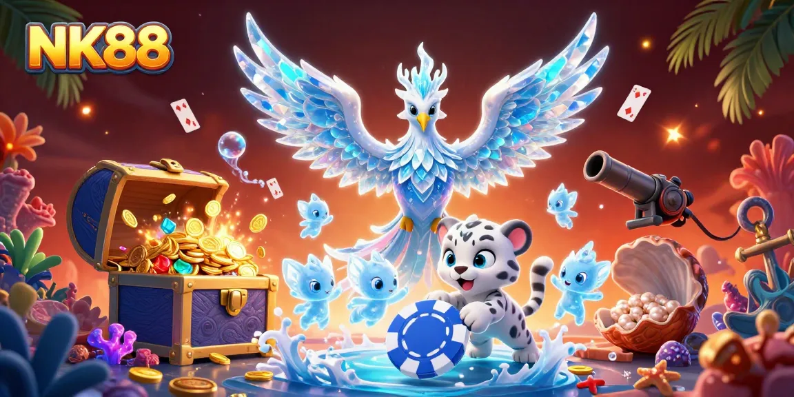 Engage with NK88's gaming magic in this dynamic 3D casino scene filled with vibrant characters and elements.