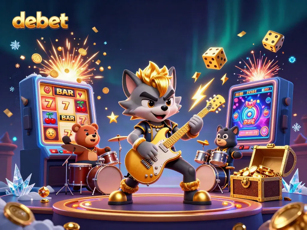 Experience the thrill of debet with a rock star wolf and drummer bear on stage amidst colorful casino elements.