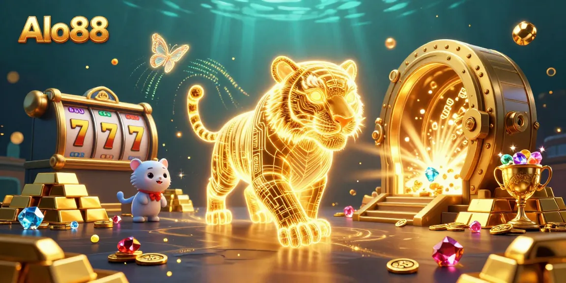 Experience thrilling wins with Alo88, where a golden tiger prowls through dazzling casino treasures.
