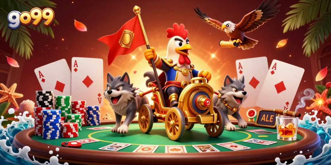 Experience thrilling action at go99 with a dynamic 3D casino scene featuring a rooster warlord and poker elements.