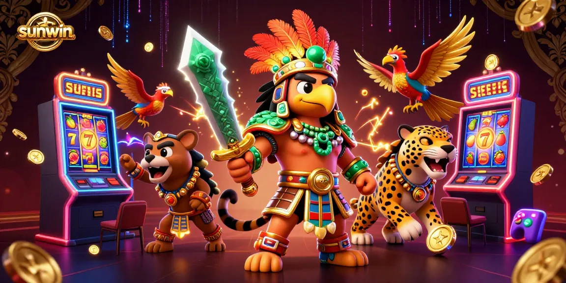 Experience excitement at sunwin with a vibrant 3D casino scene showcasing dynamic slot machines and characters.