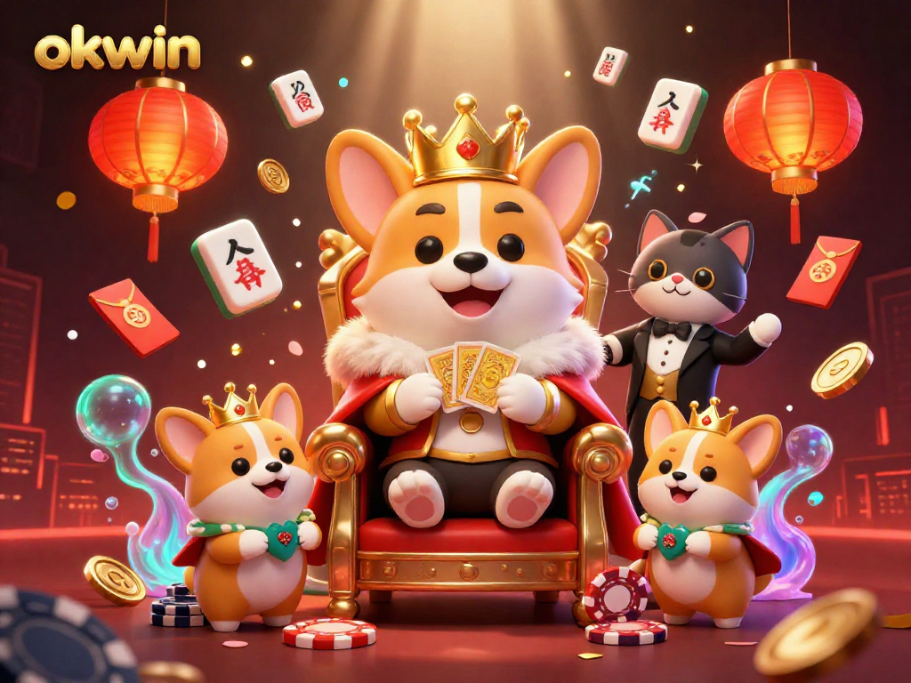 Experience the excitement of okwin in this vibrant casino scene featuring royal corgis and gambling elements.