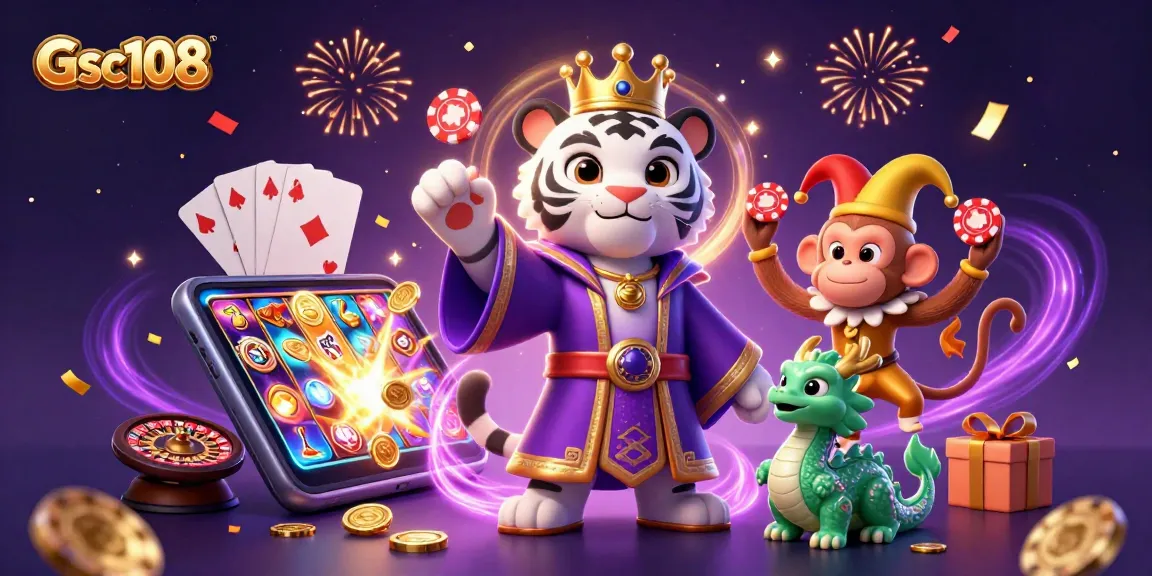 Engage with Gsc108's vibrant casino scene featuring a tiger, monkey, and dragon amidst exciting gaming elements.