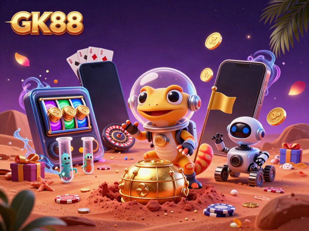 Experience thrilling wins at GK88 with a Martian gecko discovering an alien casino adventure.